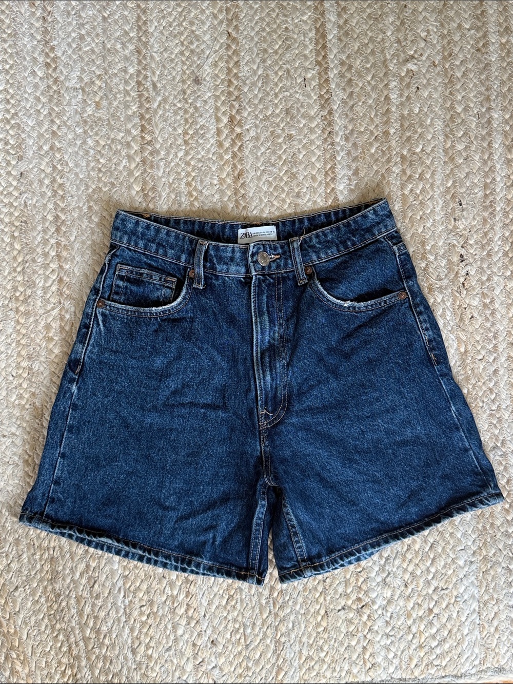 Zara Dark Blue Denim High-Rise Jorts Shorts